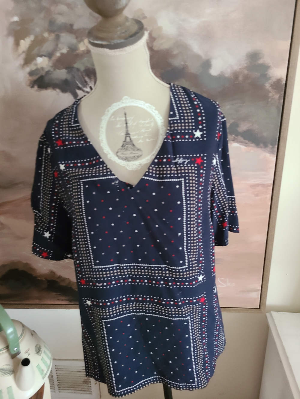 Tommy Hilfiger Navy V-Neck Bandana Print Top with Red & White Accents